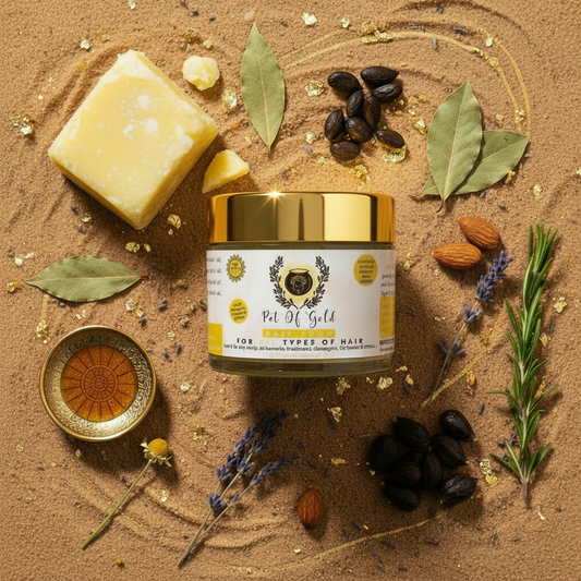 Pot Of Gold Hair Food flat lay with shiny gold lid